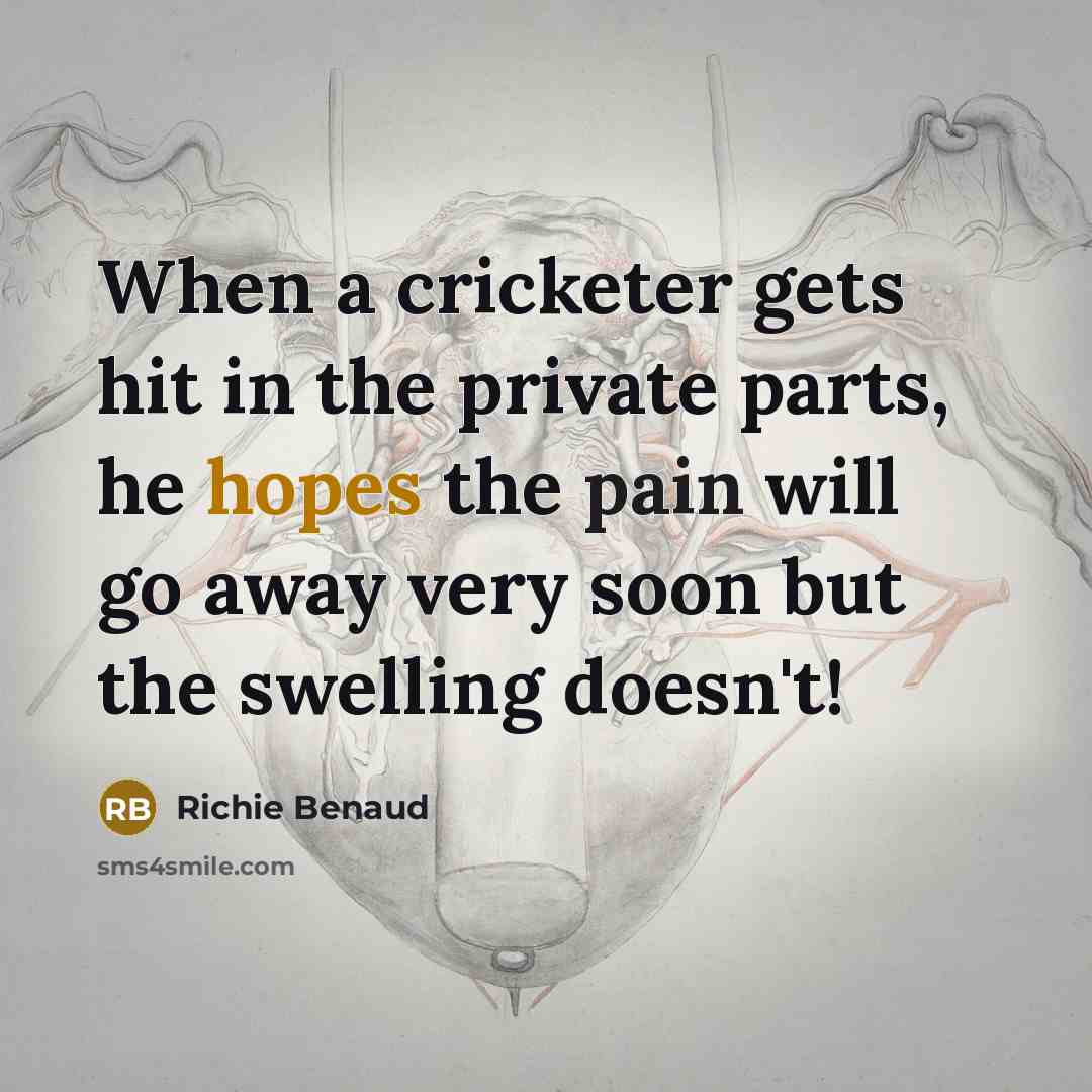 “When a cricketer gets hit in the private parts, he hopes the pain will go away very soon but the swelling doesn't!” quote by Richie Benaud