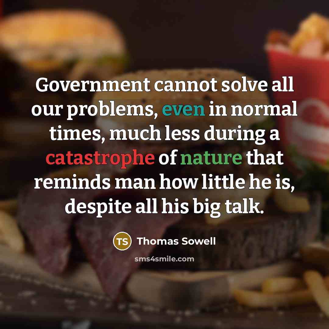 “Government cannot solve all our problems, even in normal times, much less during a catastrophe of nature that reminds man how little he is, despite all his big talk.” quote by Thomas Sowell