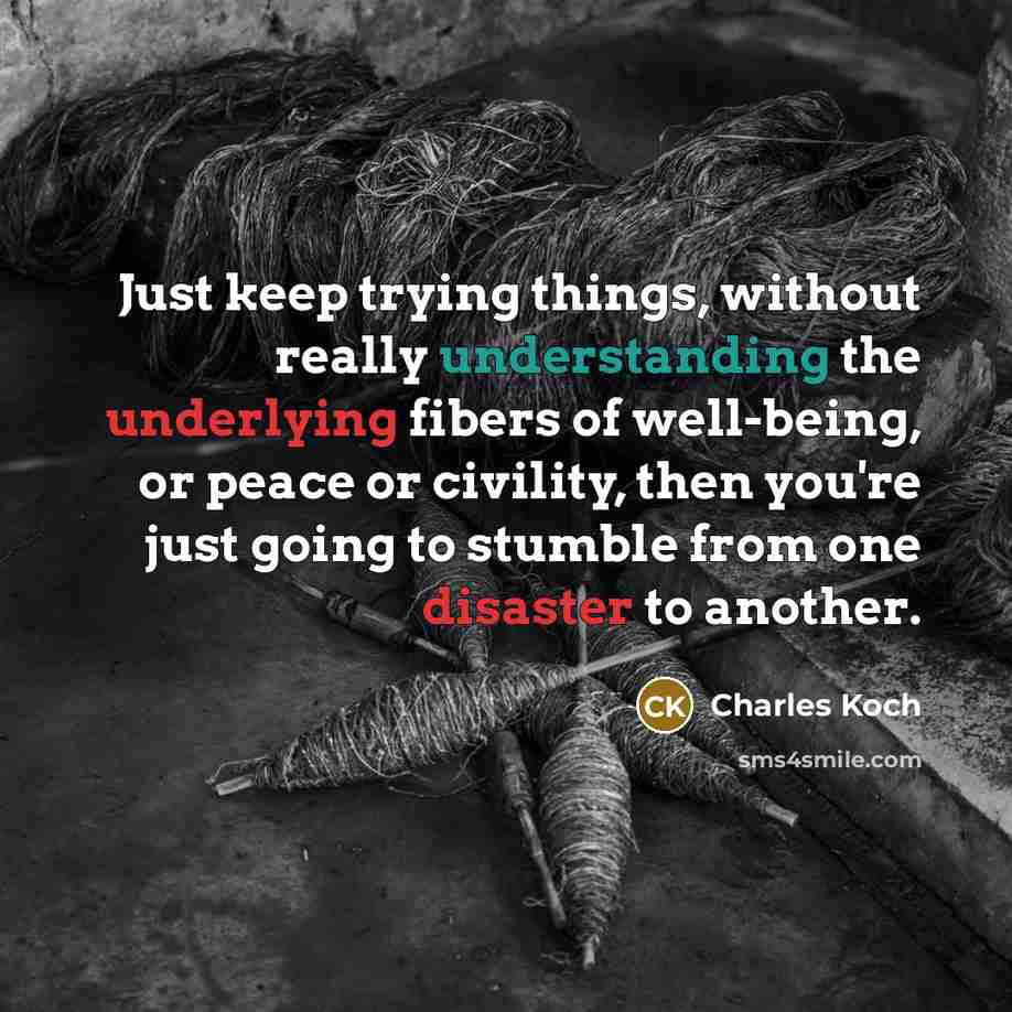 “Just keep trying things, without really understanding the underlying fibers of well-being, or peace or civility, then you're just going to stumble from one disaster to another.” quote by Charles Koch