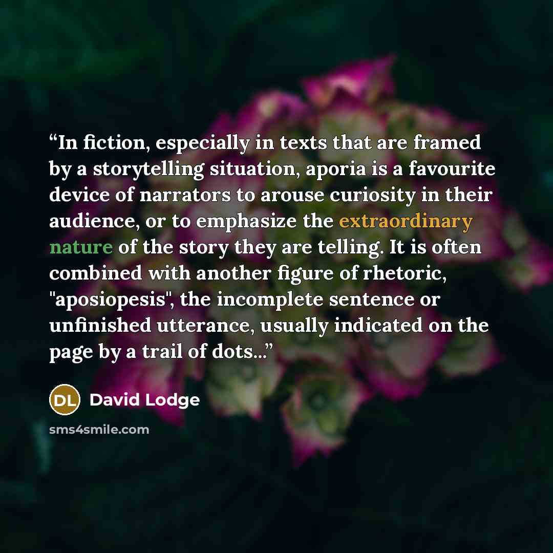 “In fiction, especially in texts that are framed by a storytelling situation, aporia is a favourite device of narrators to arouse curiosity in their audience, or to emphasize the extraordinary nature of the story they are telling. It is often combined with another figure of rhetoric, "aposiopesis"…” quote by David Lodge