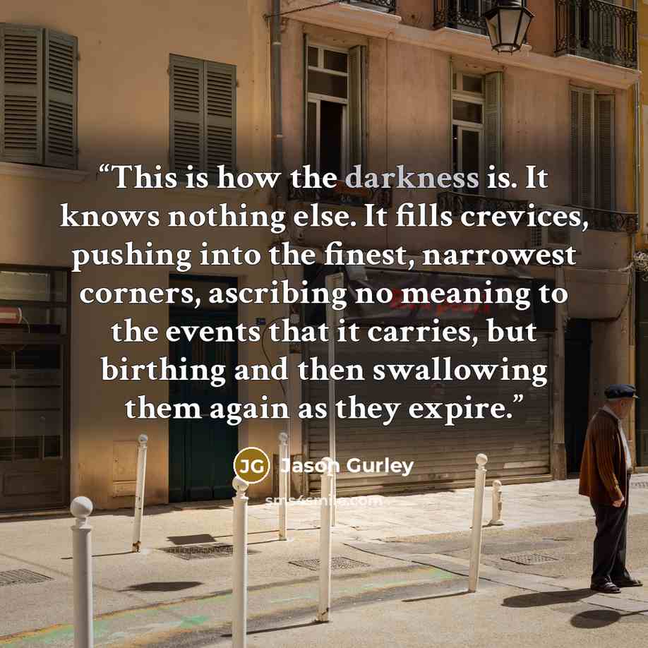 “This is how the darkness is. It knows nothing else. It fills crevices, pushing into the finest, narrowest corners, ascribing no meaning to the events that it carries, but birthing and then swallowing them again as they expire.” quote by Jason Gurley