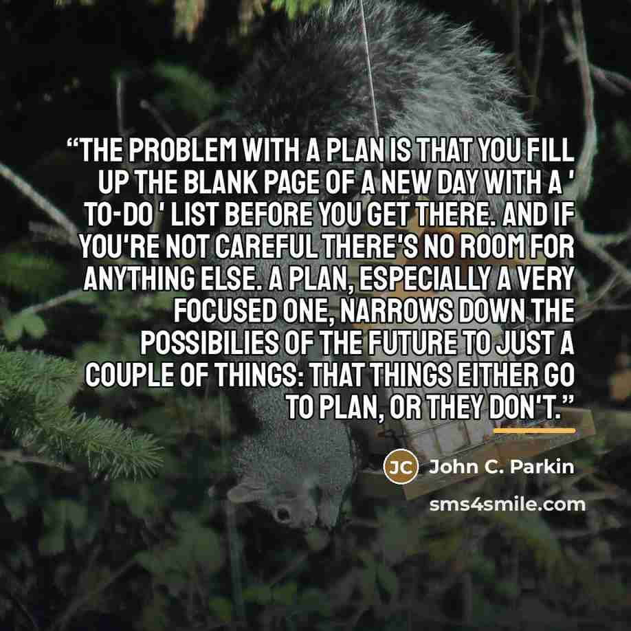 “The problem with a plan is that you fill up the blank page of a new day with a ' to-do ' list before you get there. And if you're not careful there's no room for anything else. A plan, especially a very focused one, narrows down the possibilies of the future to just a couple of things: that things…” quote by John C. Parkin