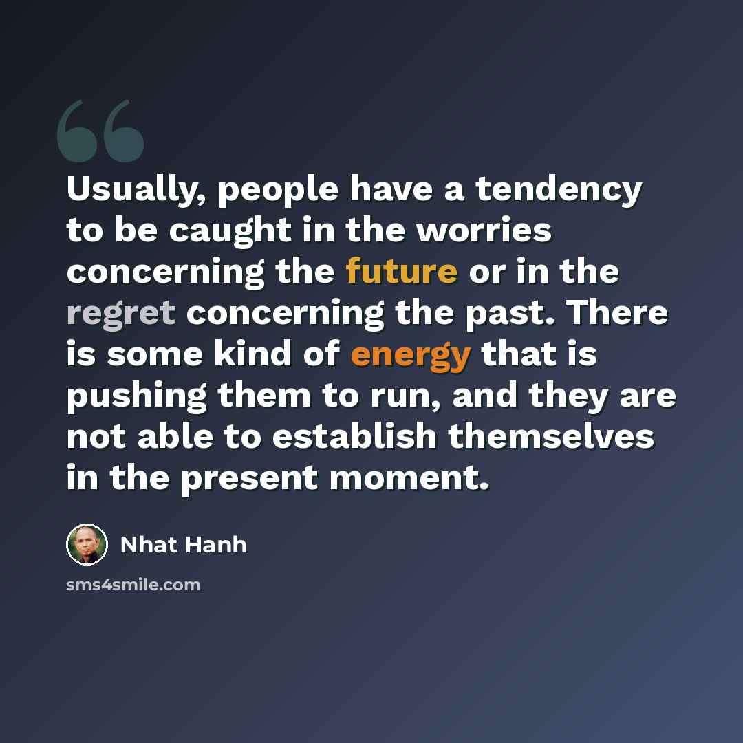 “Usually, people have a tendency to be caught in the worries concerning the future or in the regret concerning the past. There is some kind of energy that is pushing them to run, and they are not able to establish themselves in the present moment.” quote by Nhat Hanh
