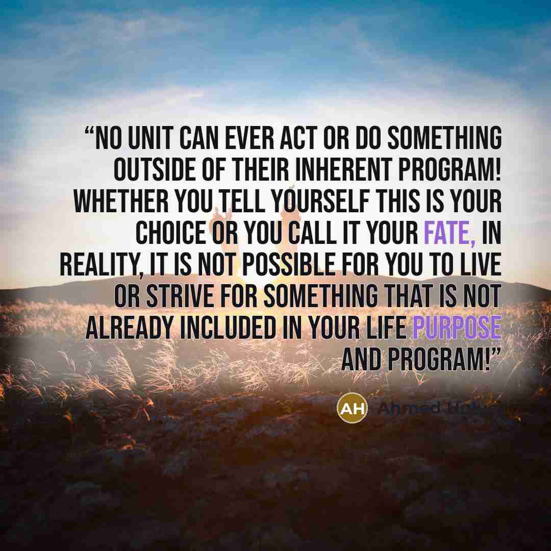 “no unit can ever act or do something outside of their inherent program! Whether you tell yourself this is your choice or you call it your fate, in reality, it is not possible for you to live or strive for something that is not already included in your life purpose and program!” quote by Ahmed Hulusi