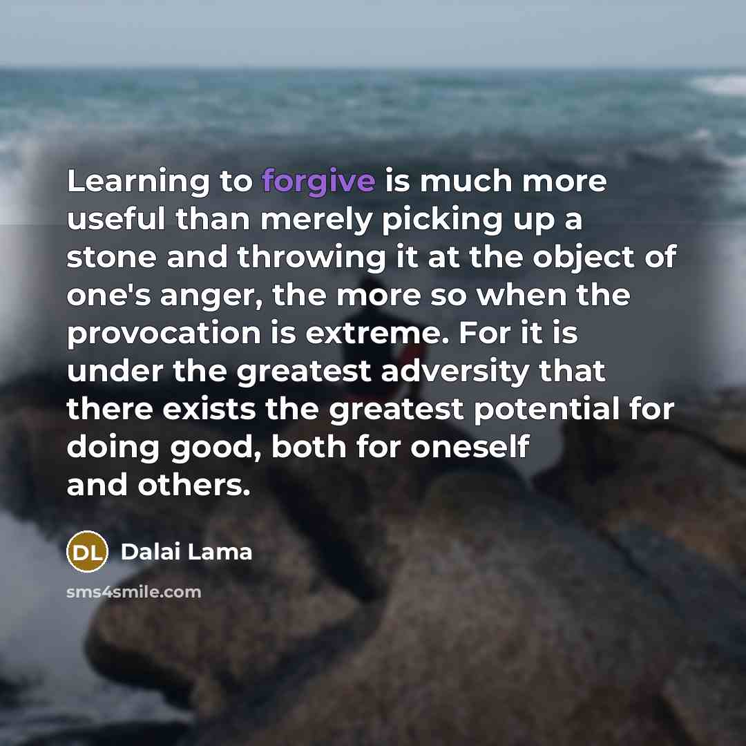 “Learning to forgive is much more useful than merely picking up a stone and throwing it at the object of one's anger, the more so when the provocation is extreme. For it is under the greatest adversity that there exists the greatest potential for doing good, both for oneself and others.” quote by Dalai Lama