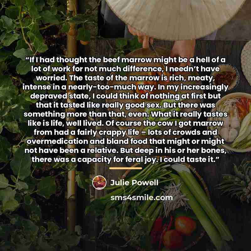 “If I had thought the beef marrow might be a hell of a lot of work for not much difference, I needn’t have worried. The taste of the marrow is rich, meaty, intense in a nearly-too-much way. In my increasingly depraved state, I could think of nothing at first but that it tasted like really good sex…” quote by Julie Powell