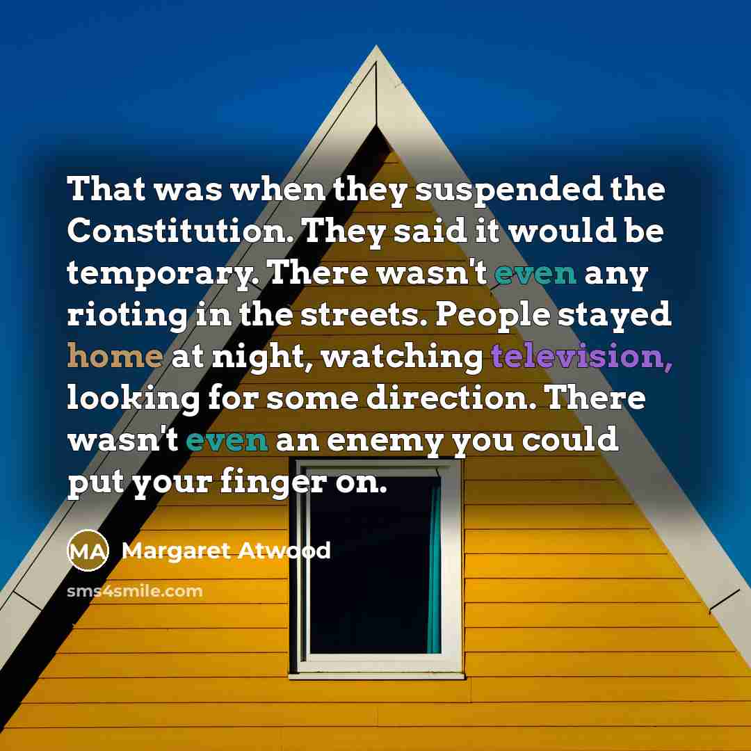 “That was when they suspended the Constitution. They said it would be temporary. There wasn't even any rioting in the streets. People stayed home at night, watching television, looking for some direction. There wasn't even an enemy you could put your finger on.” quote by Margaret Atwood