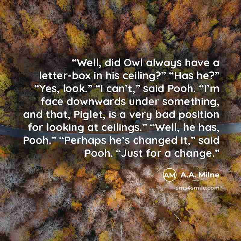 “Well, did Owl always have a letter-box in his ceiling?” “Has he?” “Yes, look.” “I can’t,” said Pooh. “I’m face downwards under something, and that, Piglet, is a very bad position for looking at ceilings.” “Well, he has, Pooh.” “Perhaps he’s changed it,” said Pooh. “Just for a change.” quote by A.A. Milne