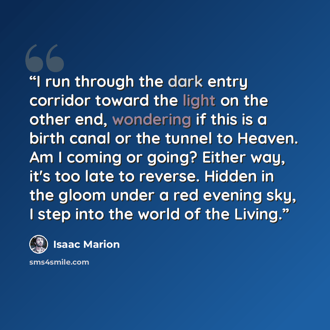 “I run through the dark entry corridor toward the light on the other end, wondering if this is a birth canal or the tunnel to Heaven. Am I coming or going? Either way, it's too late to reverse. Hidden in the gloom under a red evening sky, I step into the world of the Living.” quote by Isaac Marion