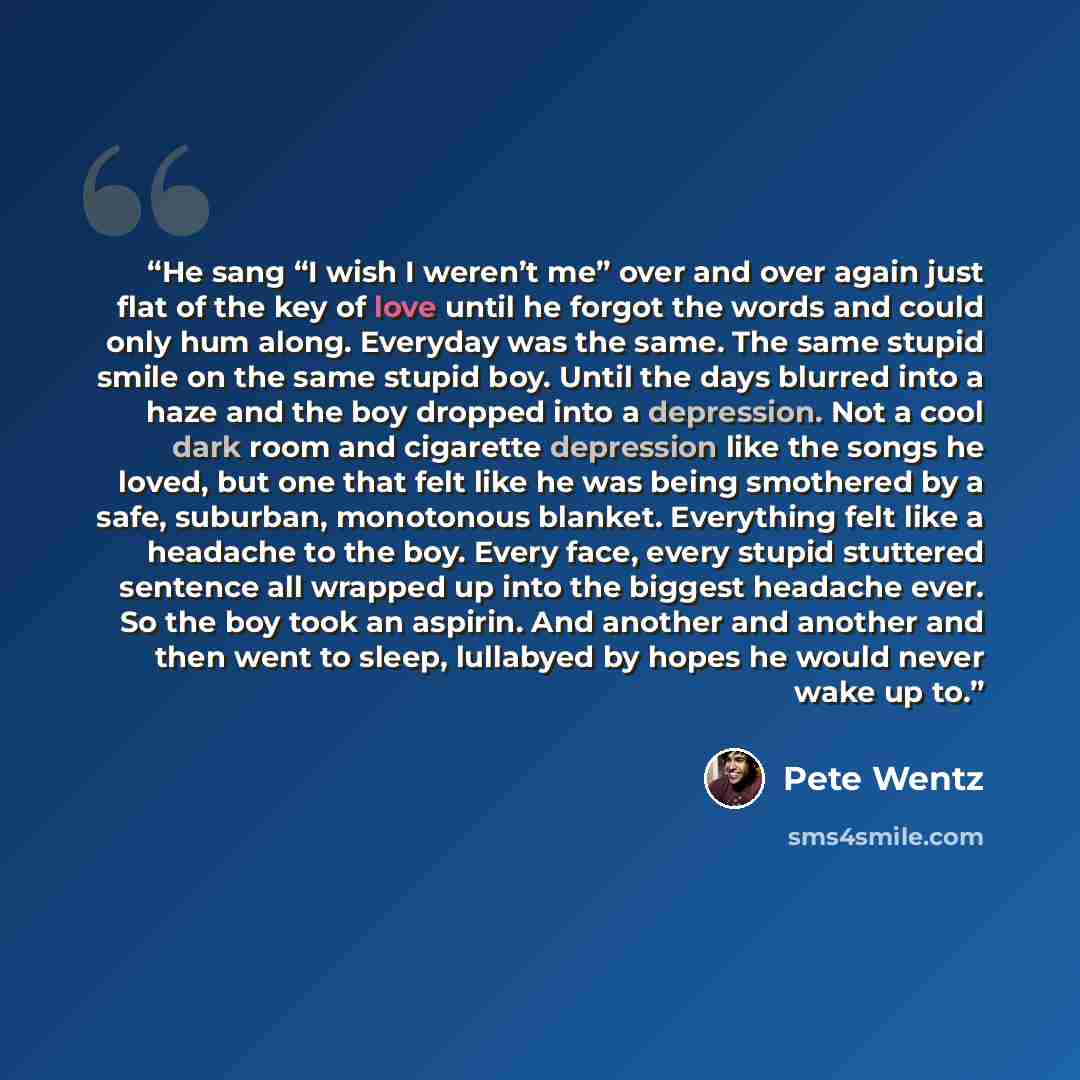 “He sang “I wish I weren’t me” over and over again just flat of the key of love until he forgot the words and could only hum along. Everyday was the same. The same stupid smile on the same stupid boy. Until the days blurred into a haze and the boy dropped into a depression. Not a cool dark room and…” quote by Pete Wentz