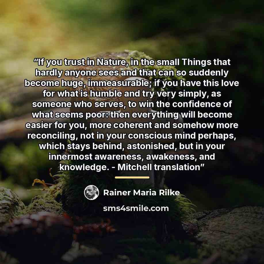 “If you trust in Nature, in the small Things that hardly anyone sees and that can so suddenly become huge, immeasurable; if you have this love for what is humble and try very simply, as someone who serves, to win the confidence of what seems poor: then everything will become easier for you, more…” quote by Rainer Maria Rilke