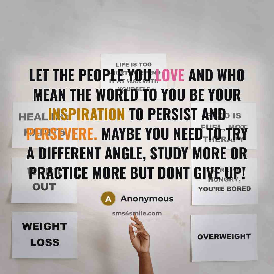 “Let the people you love and who mean the world to you be your inspiration to persist and persevere. Maybe you need to try a different angle, study more or practice more but dont give up!” quote by Anonymous