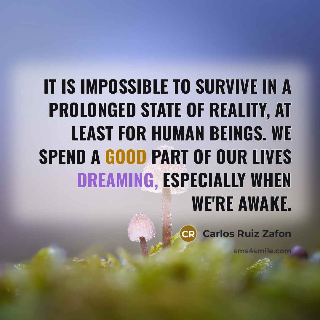 “It is impossible to survive in a prolonged state of reality, at least for human beings. We spend a good part of our lives dreaming, especially when we're awake.” quote by Carlos Ruiz Zafon