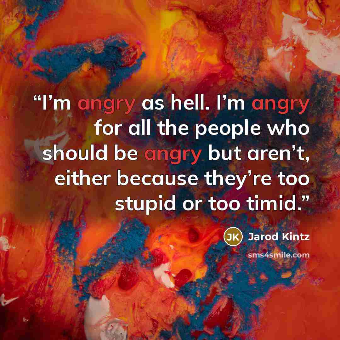 “I’m angry as hell. I’m angry for all the people who should be angry but aren’t, either because they’re too stupid or too timid.” quote by Jarod Kintz
