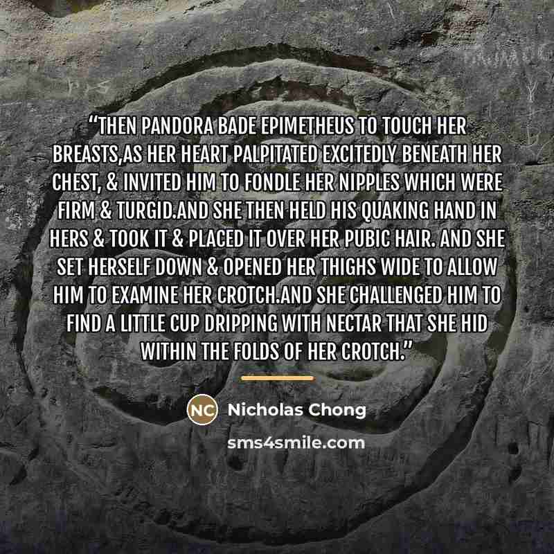 “Then Pandora bade Epimetheus to touch her breasts,as her heart palpitated excitedly beneath her chest, & invited him to fondle her nipples which were firm & turgid.And she then held his quaking hand in hers & took it & placed it over her pubic hair. And she set herself down & opened her thighs…” quote by Nicholas Chong