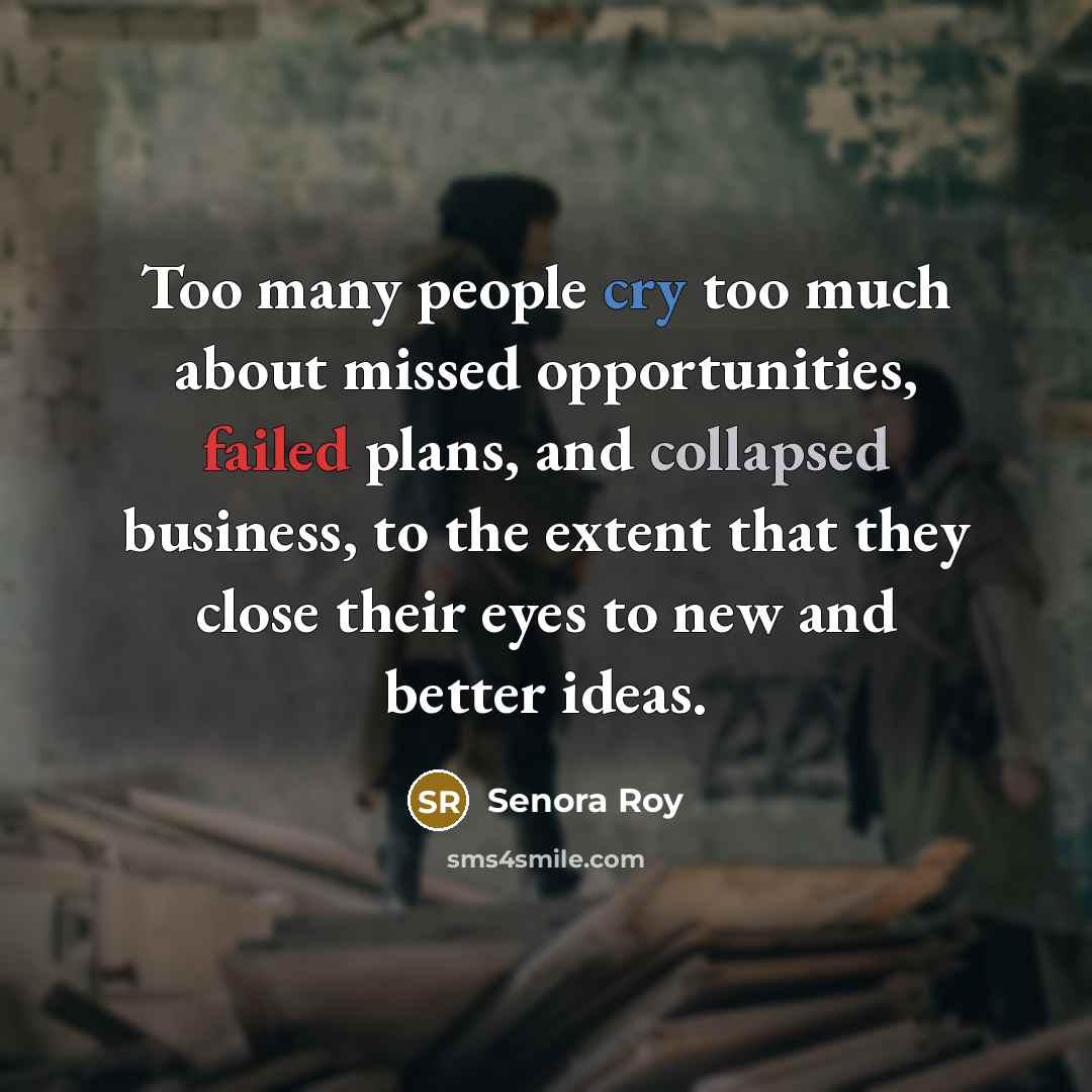 “Too many people cry too much about missed opportunities, failed plans, and collapsed business, to the extent that they close their eyes to new and better ideas.” quote by Senora Roy