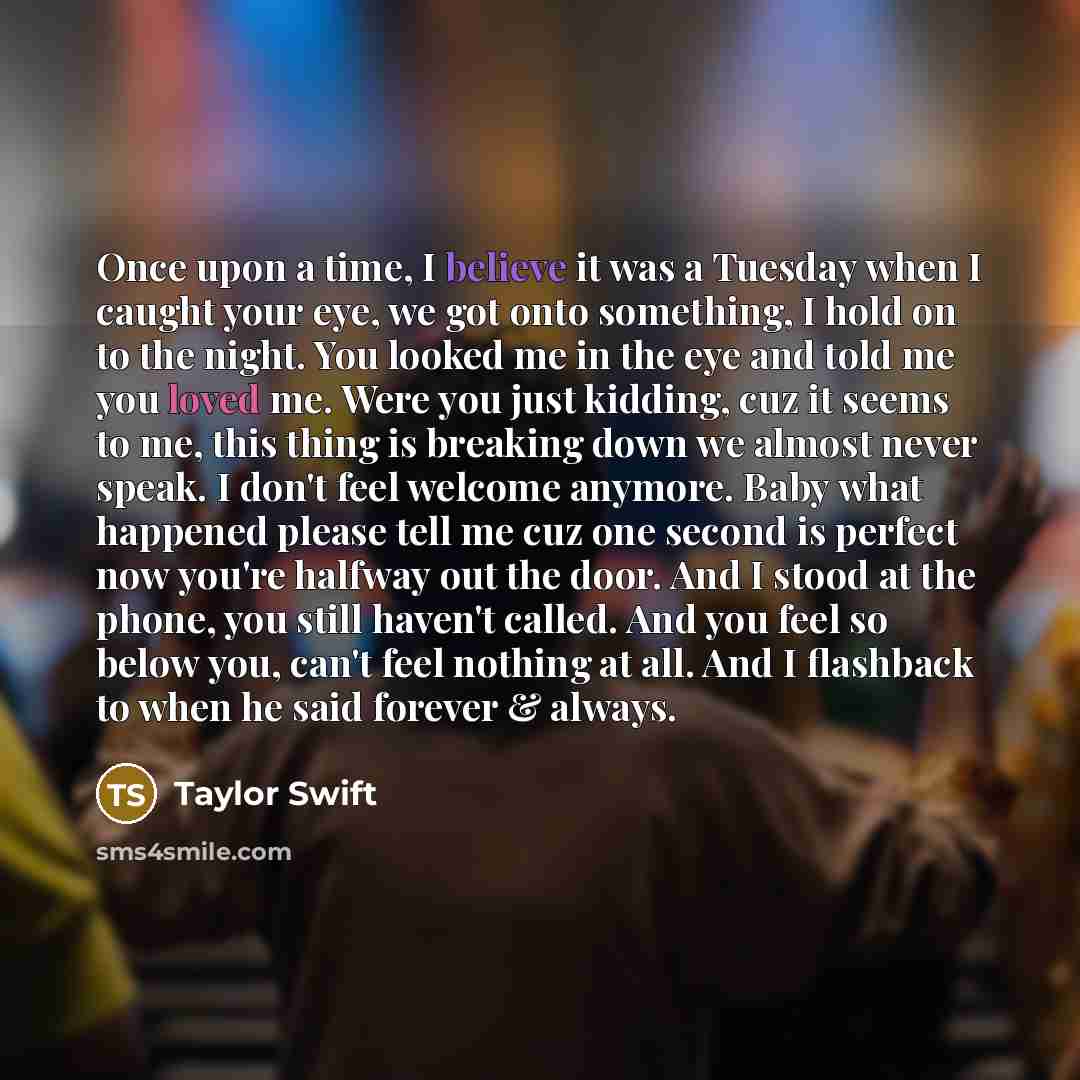 “Once upon a time, I believe it was a Tuesday when I caught your eye, we got onto something, I hold on to the night. You looked me in the eye and told me you loved me. Were you just kidding, cuz it seems to me, this thing is breaking down we almost never speak. I don't feel welcome anymore. Baby…” quote by Taylor Swift