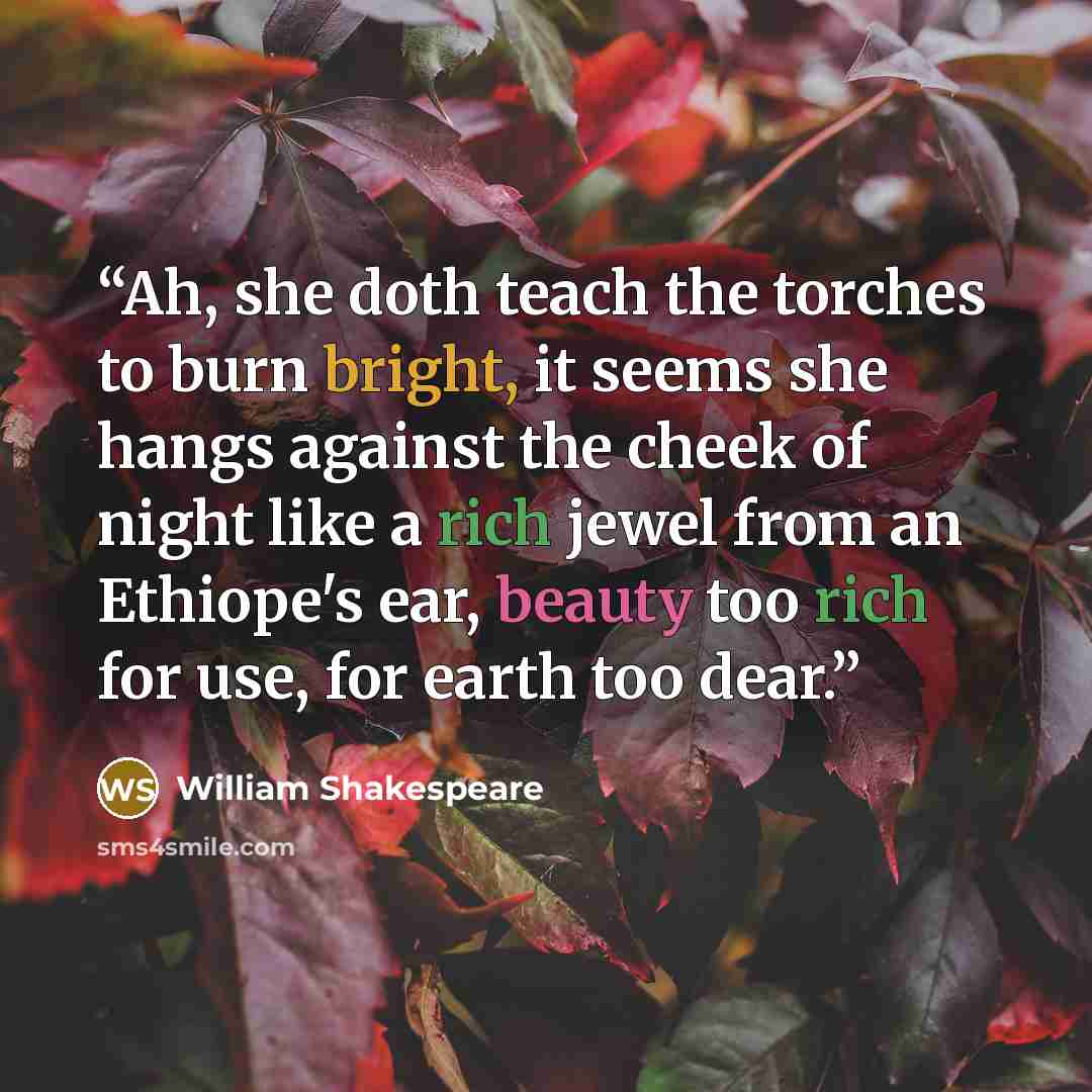 “Ah, she doth teach the torches to burn bright, it seems she hangs against the cheek of night like a rich jewel from an Ethiope's ear, beauty too rich for use, for earth too dear.” quote by William Shakespeare