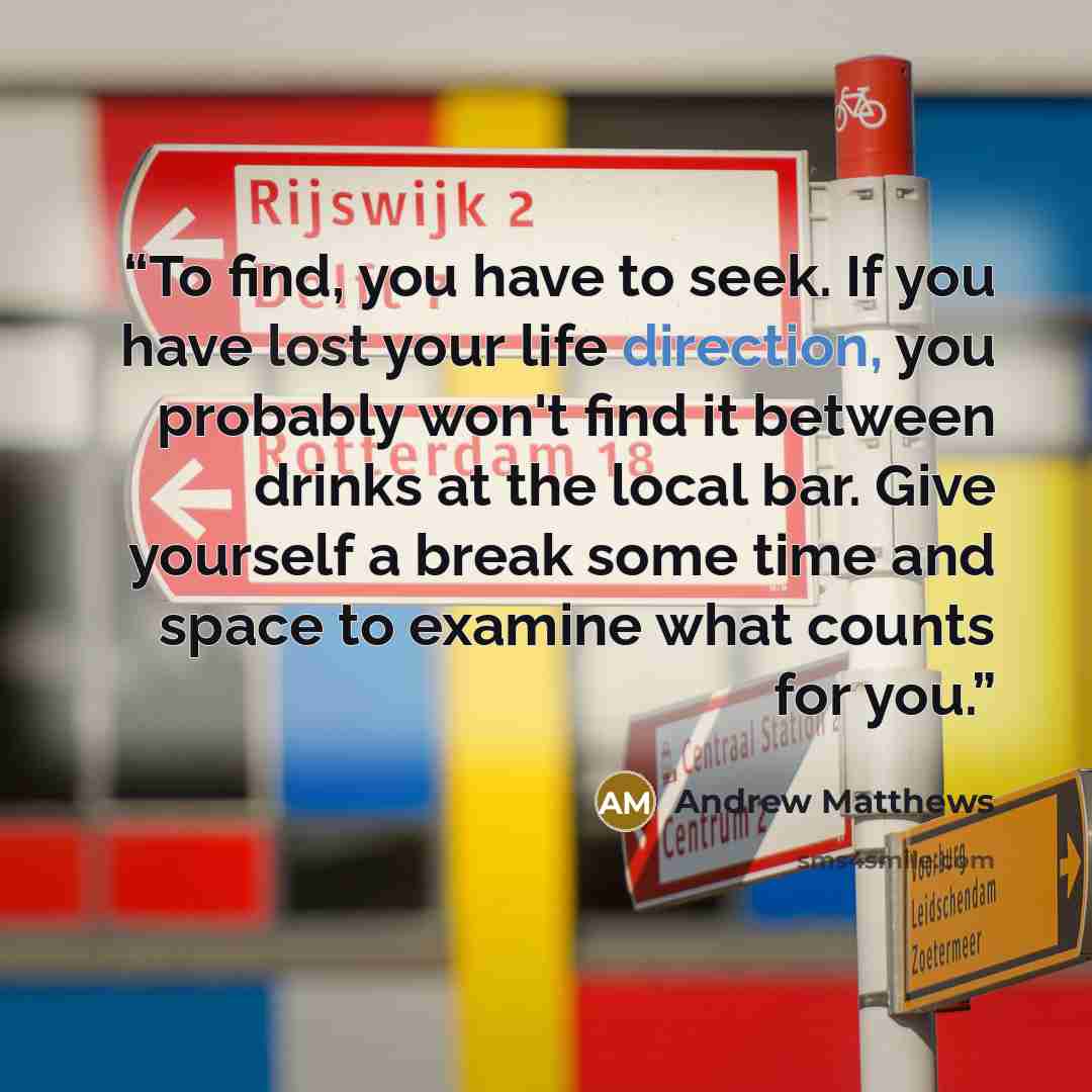 “To find, you have to seek. If you have lost your life direction, you probably won't find it between drinks at the local bar. Give yourself a break some time and space to examine what counts for you.” quote by Andrew Matthews