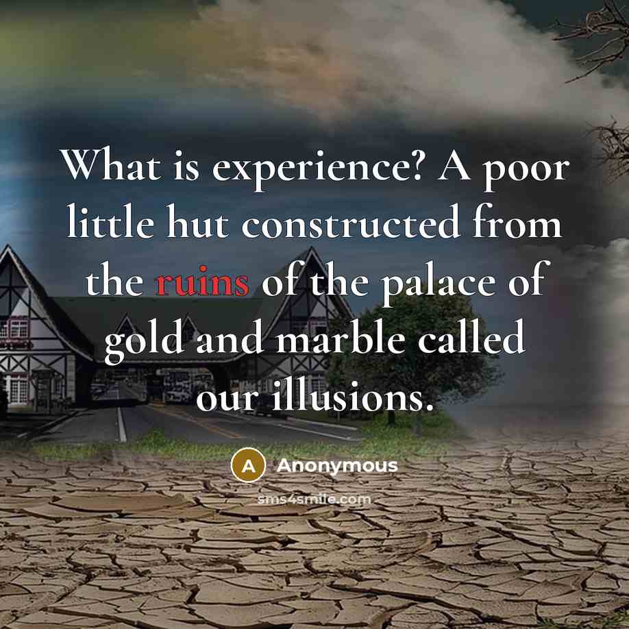 “What is experience? A poor little hut constructed from the ruins of the palace of gold and marble called our illusions.” quote by Anonymous