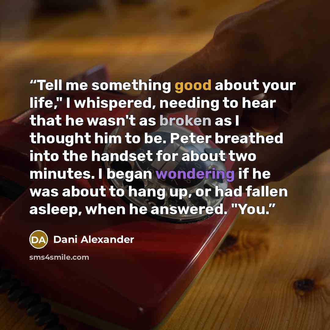 “Tell me something good about your life," I whispered, needing to hear that he wasn't as broken as I thought him to be. Peter breathed into the handset for about two minutes. I began wondering if he was about to hang up, or had fallen asleep, when he answered. "You.” quote by Dani Alexander