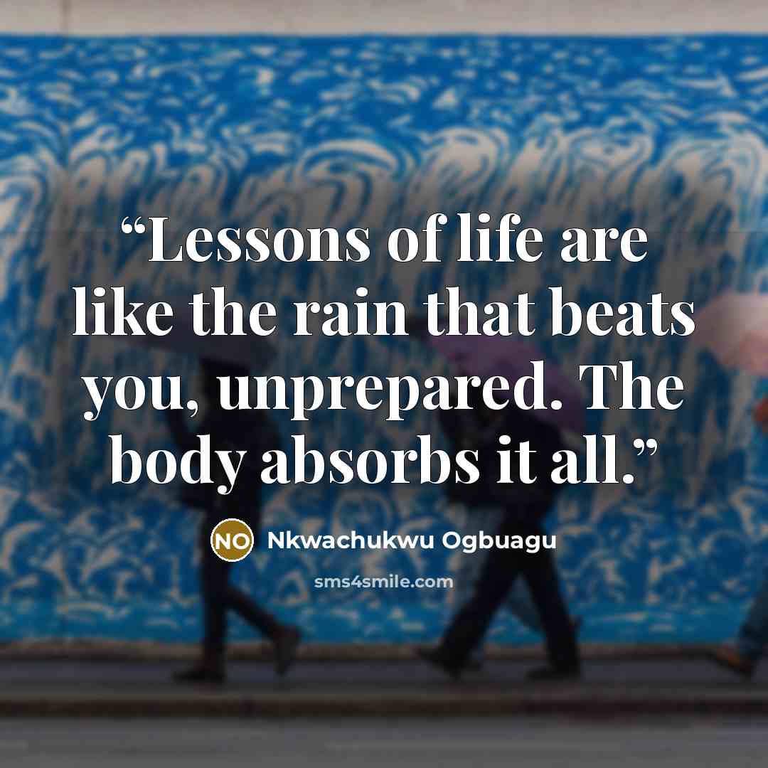 “Lessons of life are like the rain that beats you, unprepared. The body absorbs it all.” quote by Nkwachukwu Ogbuagu