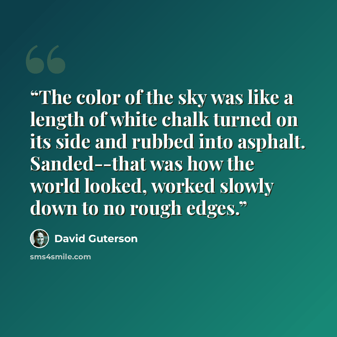 “The color of the sky was like a length of white chalk turned on its side and rubbed into asphalt. Sanded--that was how the world looked, worked slowly down to no rough edges.” quote by David Guterson