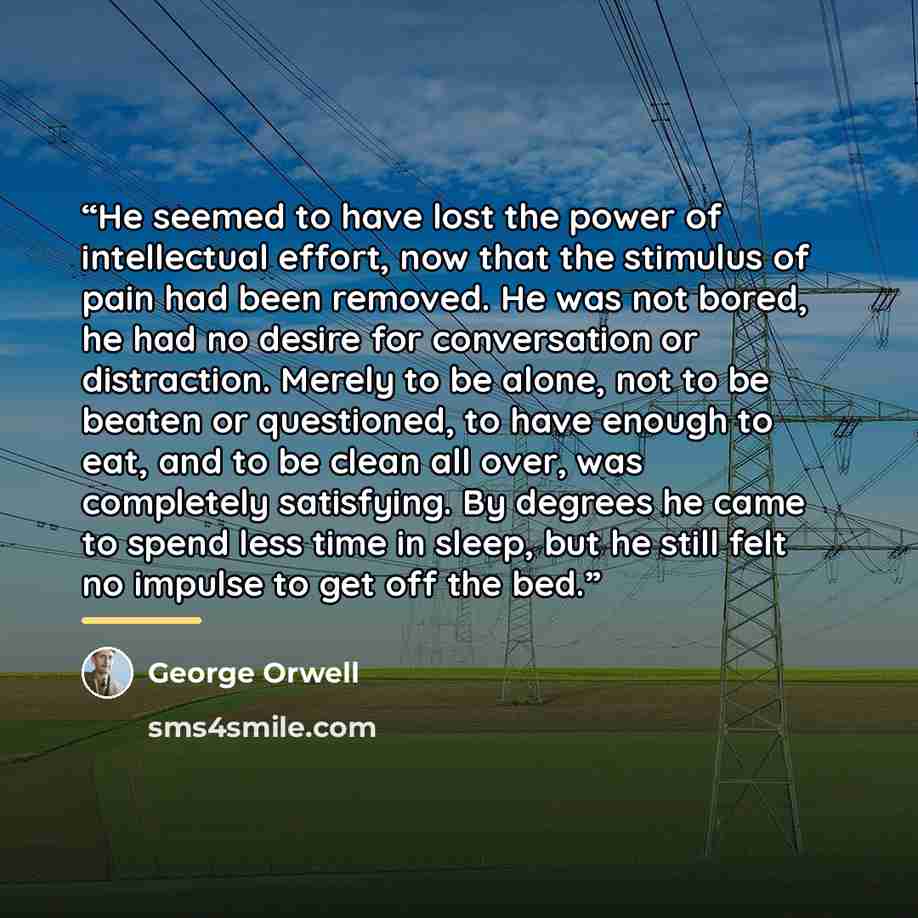 “He seemed to have lost the power of intellectual effort, now that the stimulus of pain had been removed. He was not bored, he had no desire for conversation or distraction. Merely to be alone, not to be beaten or questioned, to have enough to eat, and to be clean all over, was completely…” quote by George Orwell