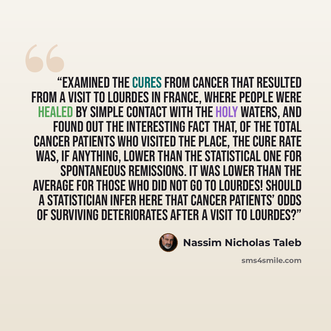 “examined the cures from cancer that resulted from a visit to Lourdes in France, where people were healed by simple contact with the holy waters, and found out the interesting fact that, of the total cancer patients who visited the place, the cure rate was, if anything, lower than the statistical…” quote by Nassim Nicholas Taleb