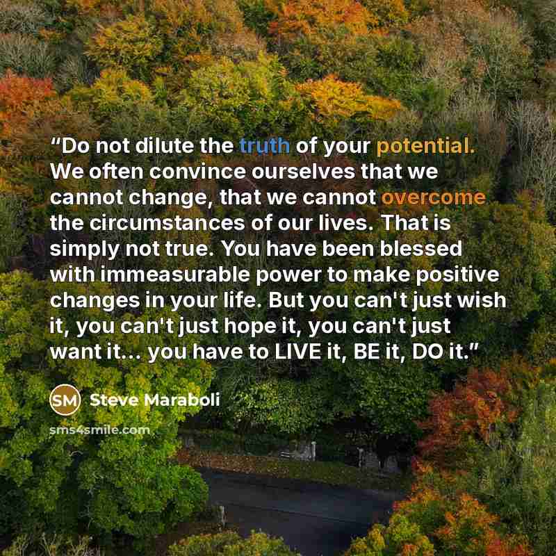 “Do not dilute the truth of your potential. We often convince ourselves that we cannot change, that we cannot overcome the circumstances of our lives. That is simply not true. You have been blessed with immeasurable power to make positive changes in your life. But you can't just wish it, you can't…” quote by Steve Maraboli