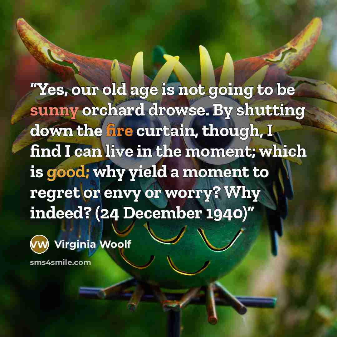 “Yes, our old age is not going to be sunny orchard drowse. By shutting down the fire curtain, though, I find I can live in the moment; which is good; why yield a moment to regret or envy or worry? Why indeed? (24 December 1940)” quote by Virginia Woolf