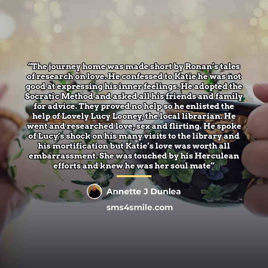 “The journey home was made short by Ronan’s tales of research on love. He confessed to Katie he was not good at expressing his inner feelings. He adopted the Socratic Method and asked all his friends and family for advice. They proved no help so he enlisted the help of Lovely Lucy Looney, the local…” quote by Annette J Dunlea