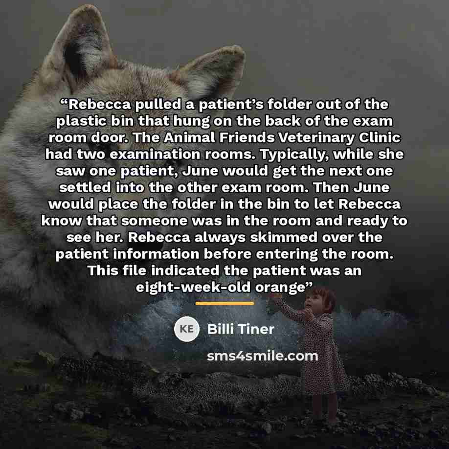 “Rebecca pulled a patient’s folder out of the plastic bin that hung on the back of the exam room door. The Animal Friends Veterinary Clinic had two examination rooms. Typically, while she saw one patient, June would get the next one settled into the other exam room. Then June would place the folder…” quote by Billi Tiner
