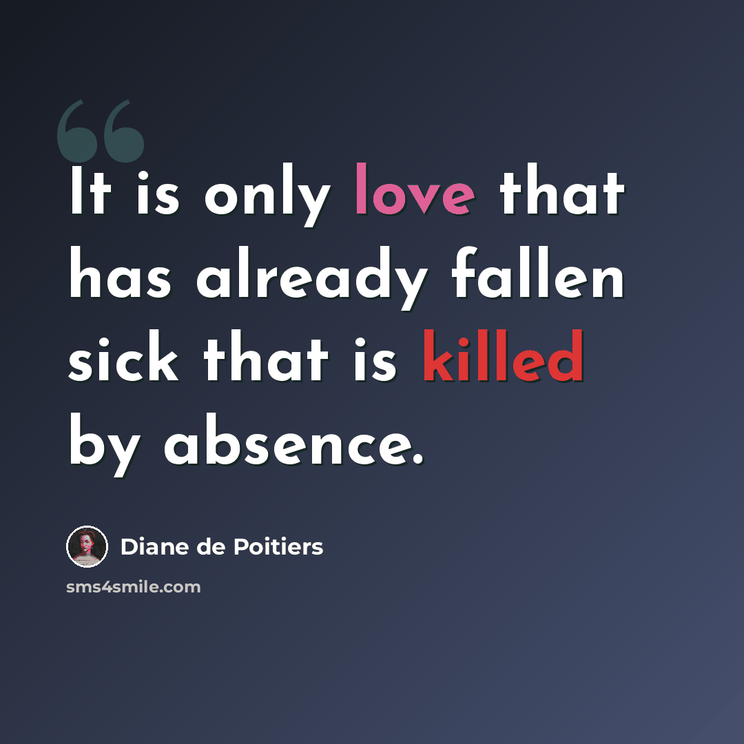 “It is only love that has already fallen sick that is killed by absence.” quote by Diane de Poitiers