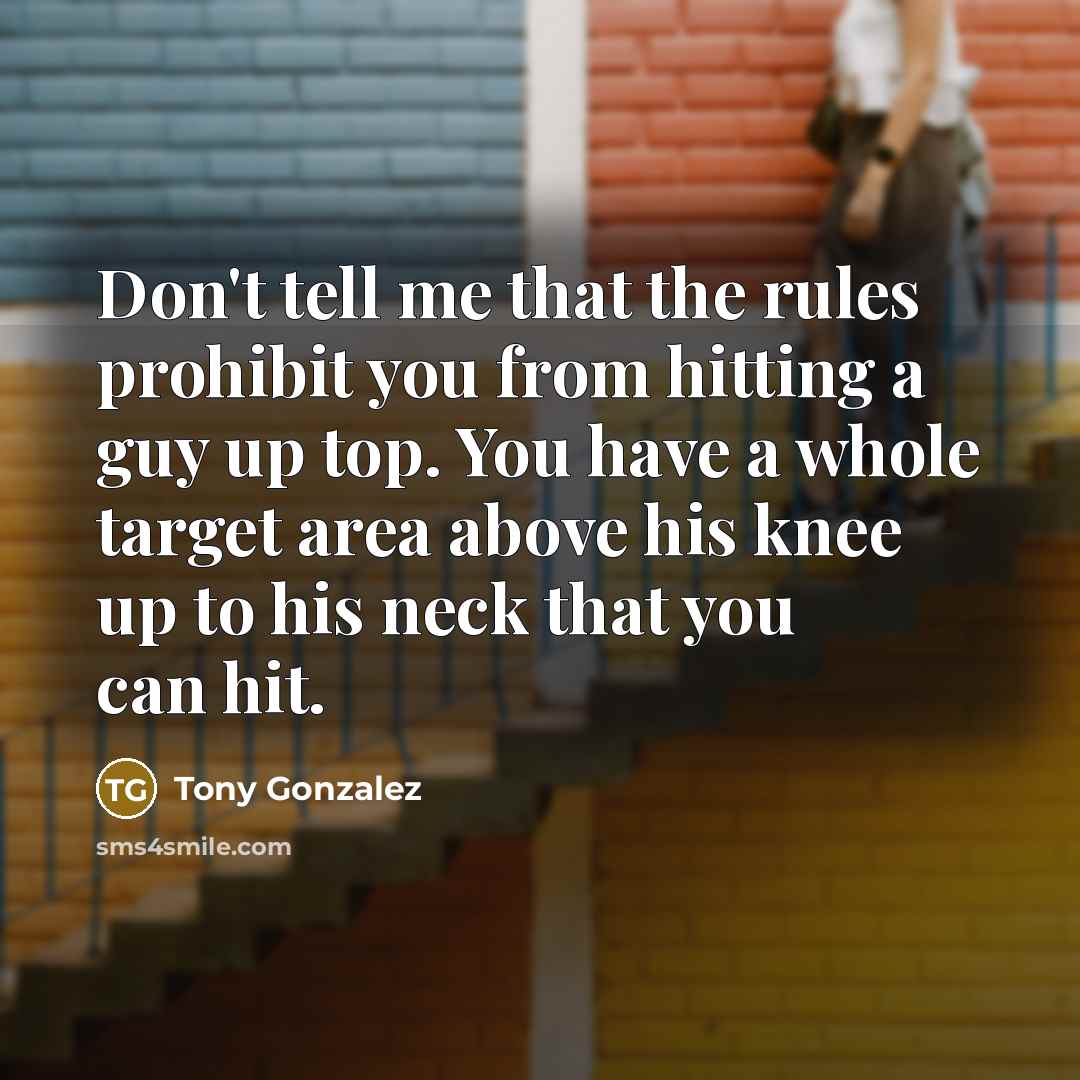 “Don't tell me that the rules prohibit you from hitting a guy up top. You have a whole target area above his knee up to his neck that you can hit.” quote by Tony Gonzalez