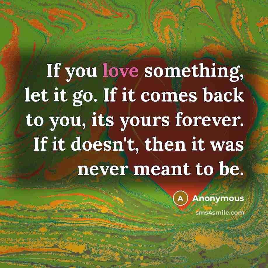 “If you love something, let it go. If it comes back to you, its yours forever. If it doesn't, then it was never meant to be.” quote by Anonymous