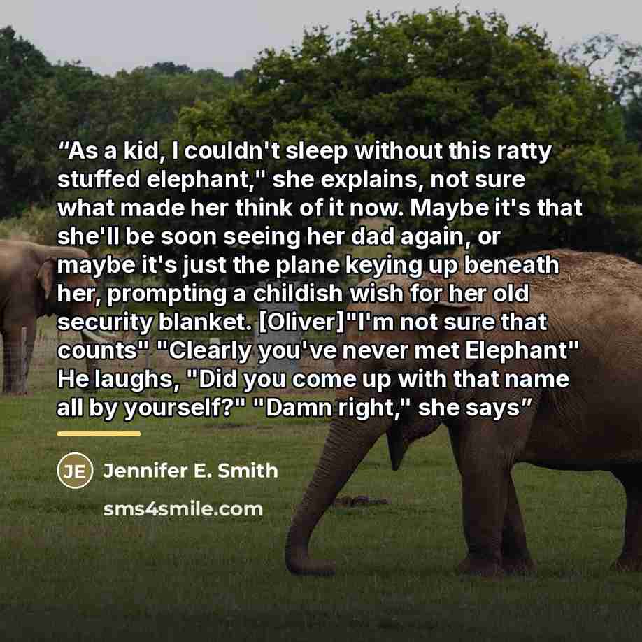 “As a kid, I couldn't sleep without this ratty stuffed elephant," she explains, not sure what made her think of it now. Maybe it's that she'll be soon seeing her dad again, or maybe it's just the plane keying up beneath her, prompting a childish wish for her old security blanket. [Oliver]"I'm not…” quote by Jennifer E. Smith