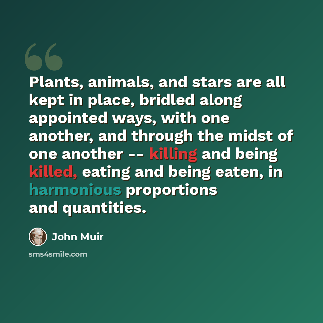 “Plants, animals, and stars are all kept in place, bridled along appointed ways, with one another, and through the midst of one another -- killing and being killed, eating and being eaten, in harmonious proportions and quantities.” quote by John Muir