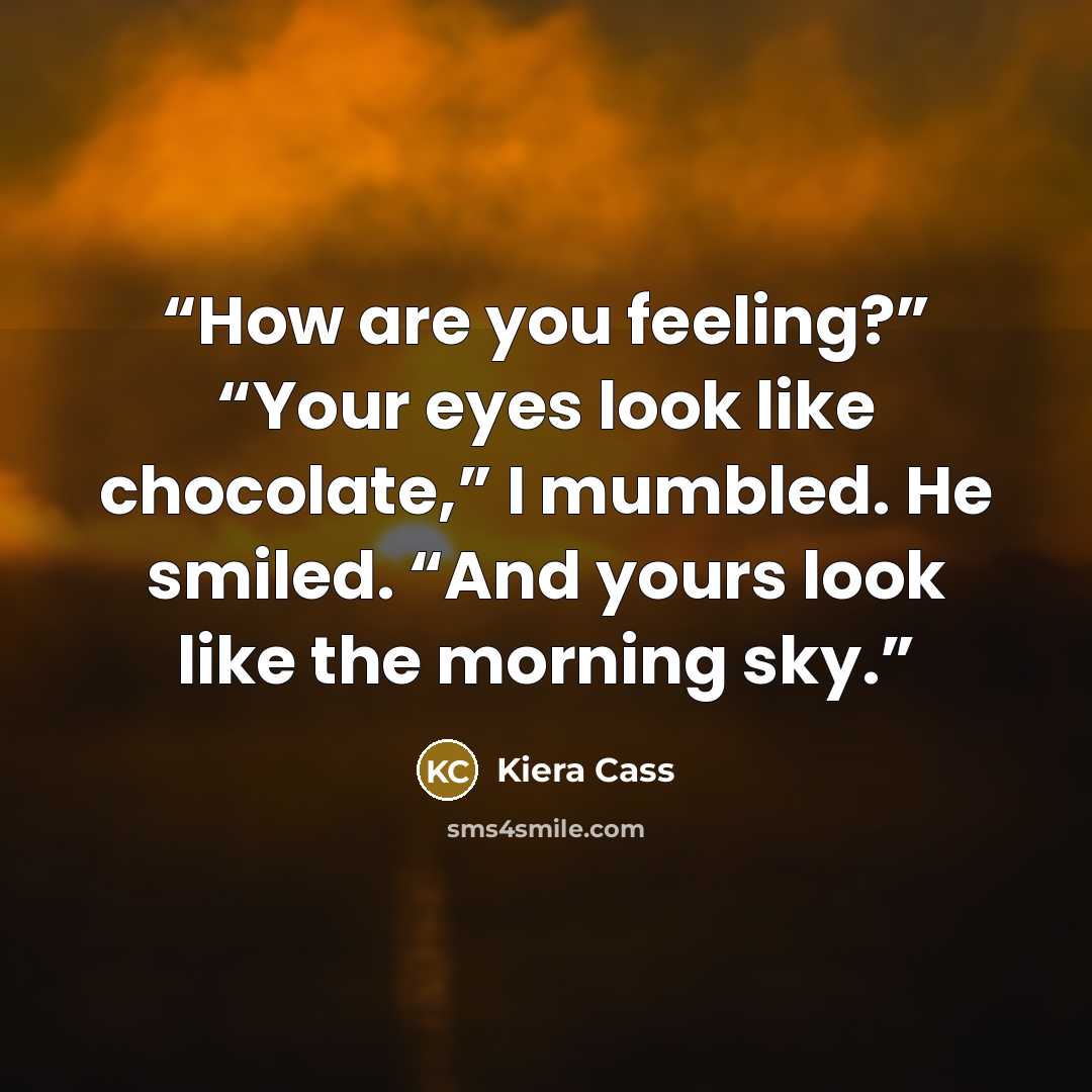 “How are you feeling?” “Your eyes look like chocolate,” I mumbled. He smiled. “And yours look like the morning sky.” quote by Kiera Cass