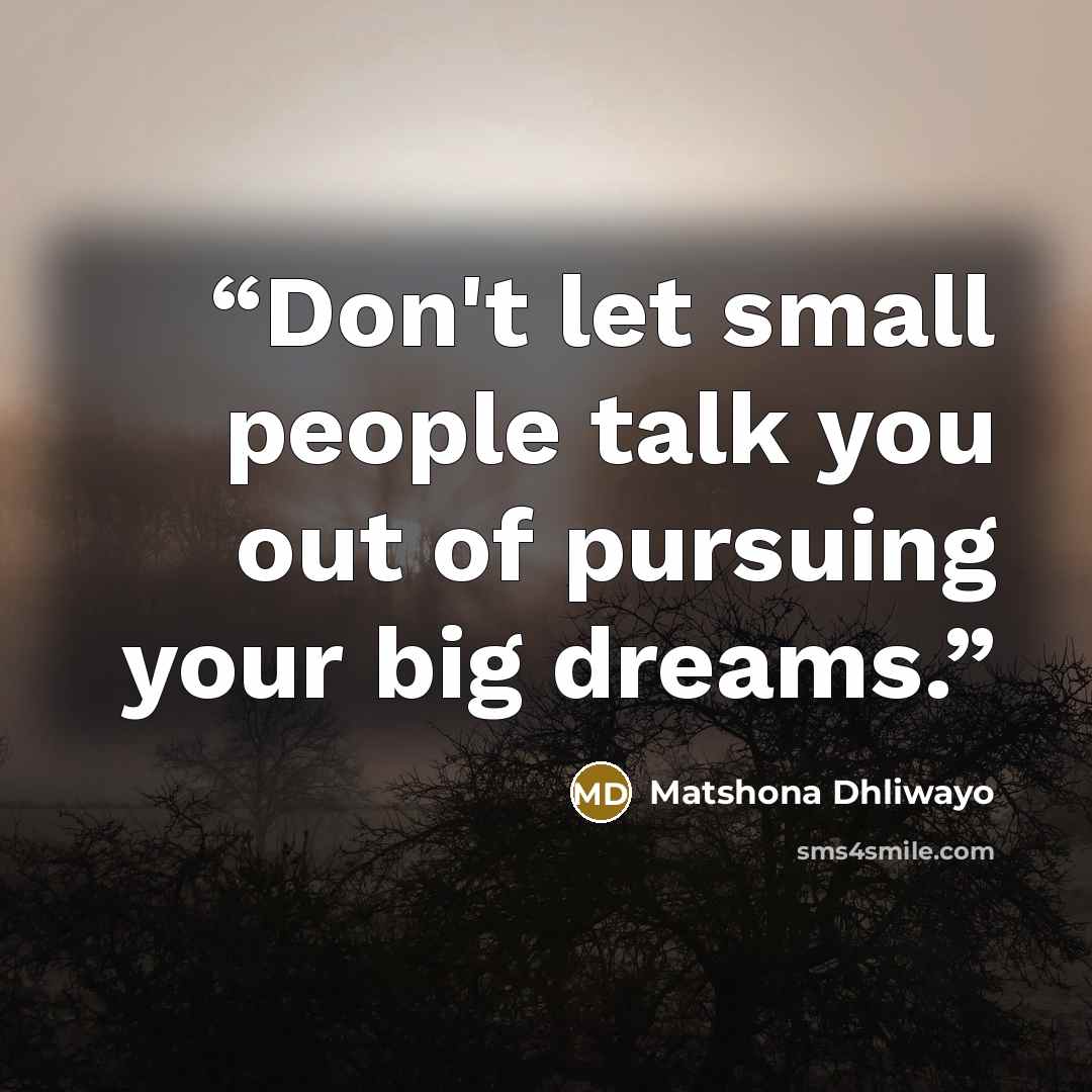 “Don't let small people talk you out of pursuing your big dreams.” quote by Matshona Dhliwayo