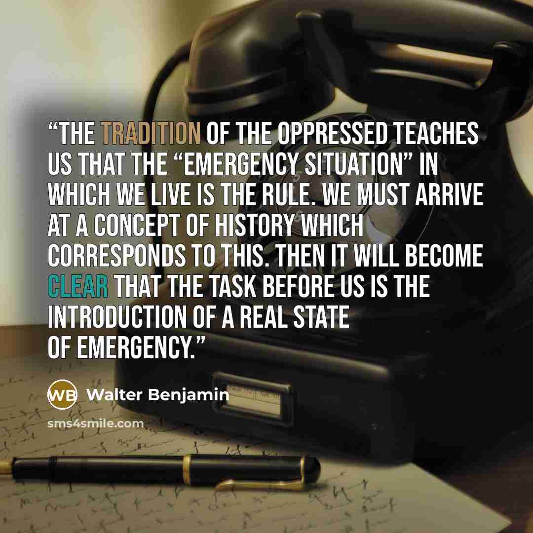 “The tradition of the oppressed teaches us that the “emergency situation” in which we live is the rule. We must arrive at a concept of history which corresponds to this. Then it will become clear that the task before us is the introduction of a real state of emergency.” quote by Walter Benjamin