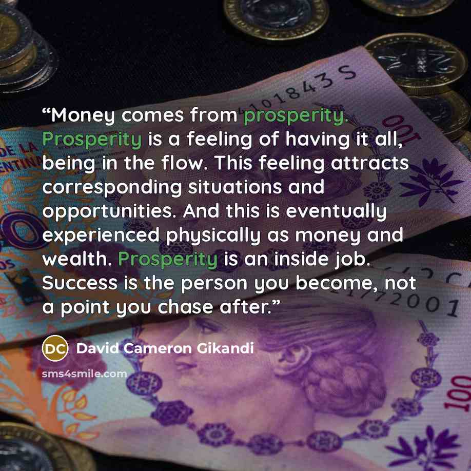 “Money comes from prosperity. Prosperity is a feeling of having it all, being in the flow. This feeling attracts corresponding situations and opportunities. And this is eventually experienced physically as money and wealth. Prosperity is an inside job. Success is the person you become, not a point…” quote by David Cameron Gikandi