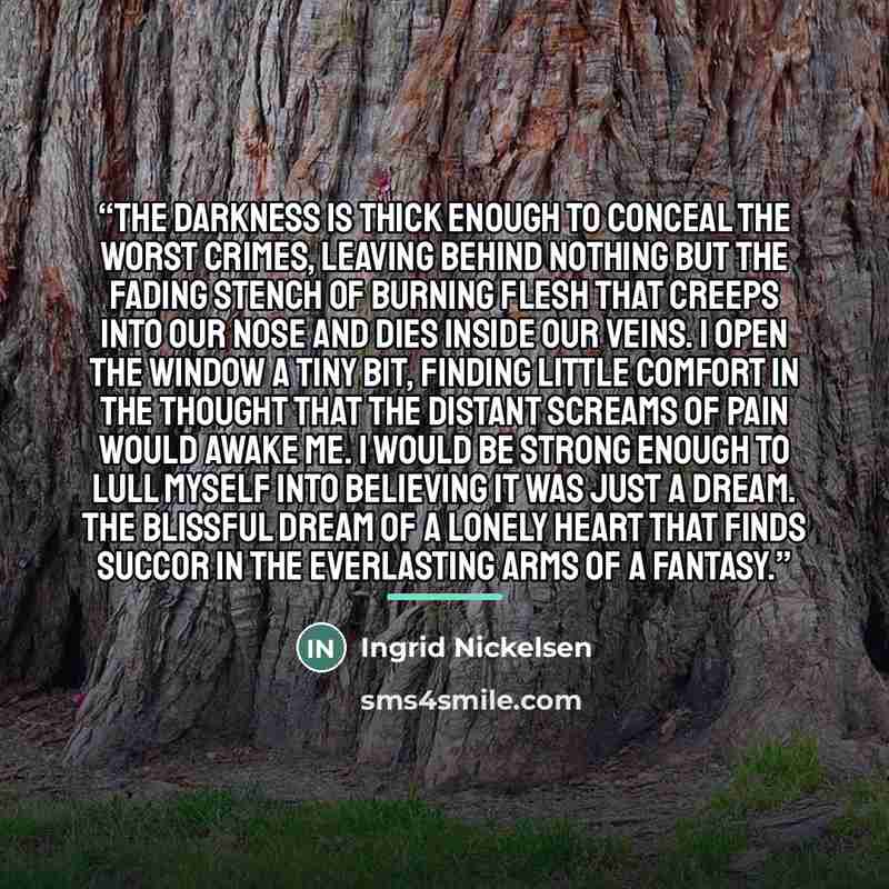 “The darkness is thick enough to conceal the worst crimes, leaving behind nothing but the fading stench of burning flesh that creeps into our nose and dies inside our veins. I open the window a tiny bit, finding little comfort in the thought that the distant screams of pain would awake me. I would…” quote by Ingrid Nickelsen