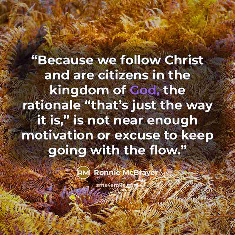 “Because we follow Christ and are citizens in the kingdom of God, the rationale “that’s just the way it is,” is not near enough motivation or excuse to keep going with the flow.” quote by Ronnie McBrayer