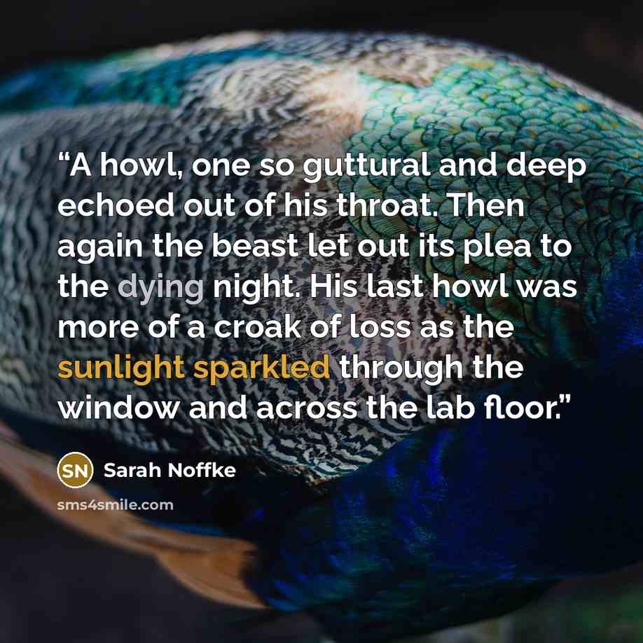 “A howl, one so guttural and deep echoed out of his throat. Then again the beast let out its plea to the dying night. His last howl was more of a croak of loss as the sunlight sparkled through the window and across the lab floor.” quote by Sarah Noffke