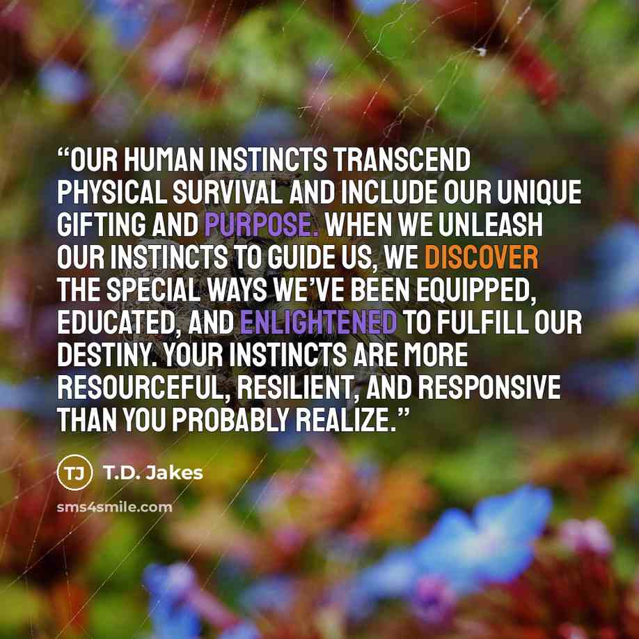 “Our human instincts transcend physical survival and include our unique gifting and purpose. When we unleash our instincts to guide us, we discover the special ways we’ve been equipped, educated, and enlightened to fulfill our destiny. Your instincts are more resourceful, resilient, and responsive…” quote by T.D. Jakes