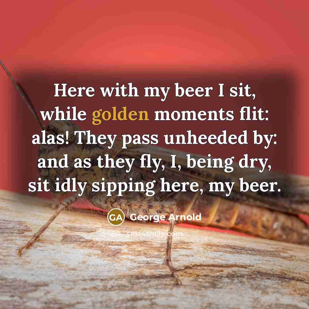 “Here with my beer I sit, while golden moments flit: alas! They pass unheeded by: and as they fly, I, being dry, sit idly sipping here, my beer.” quote by George Arnold