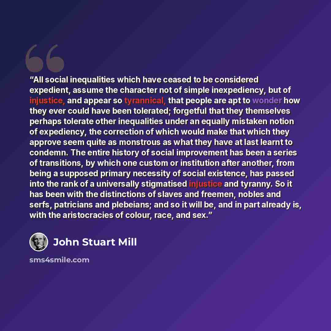 “All social inequalities which have ceased to be considered expedient, assume the character not of simple inexpediency, but of injustice, and appear so tyrannical, that people are apt to wonder how they ever could have been tolerated; forgetful that they themselves perhaps tolerate other…” quote by John Stuart Mill