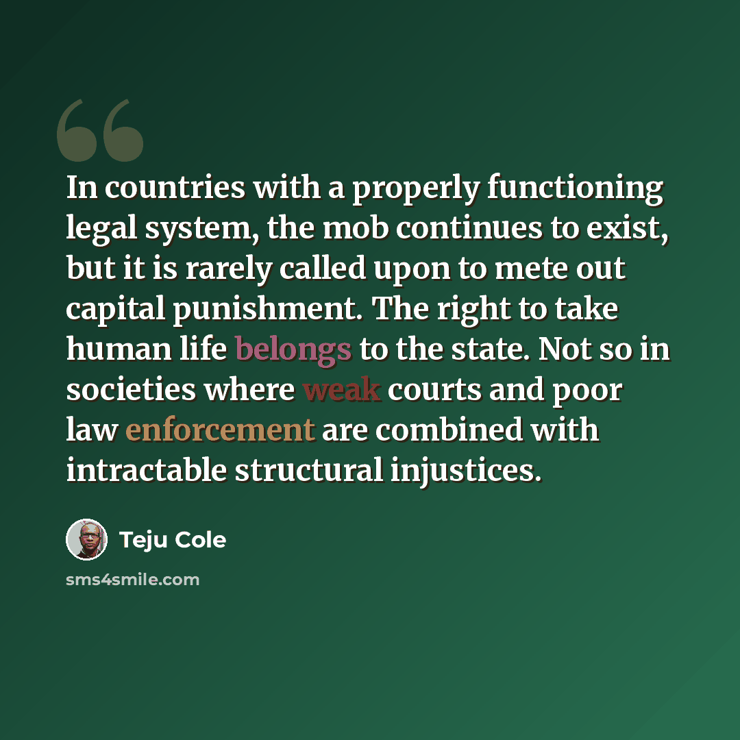 “In countries with a properly functioning legal system, the mob continues to exist, but it is rarely called upon to mete out capital punishment. The right to take human life belongs to the state. Not so in societies where weak courts and poor law enforcement are combined with intractable structural…” quote by Teju Cole