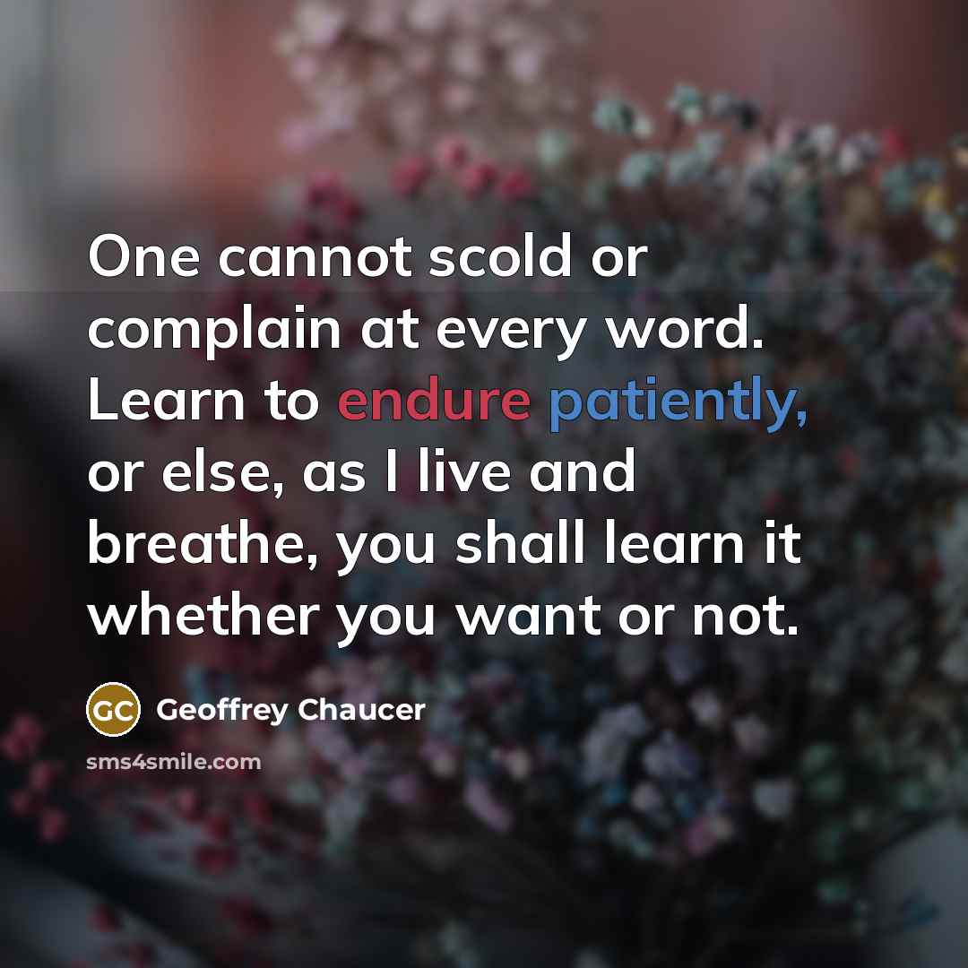 “One cannot scold or complain at every word. Learn to endure patiently, or else, as I live and breathe, you shall learn it whether you want or not.” quote by Geoffrey Chaucer
